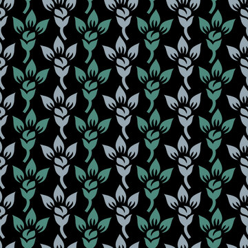 Grey and Green floral seamless vector pattern with black background for wallpapers, backgrounds, backdrops, textiles, and various surfaces.