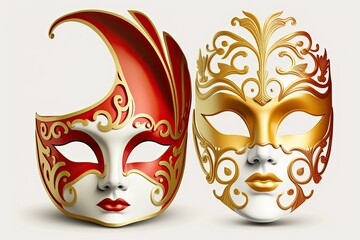 Golden and white Venetian mask for the carnival, set against a white background. Generative AI