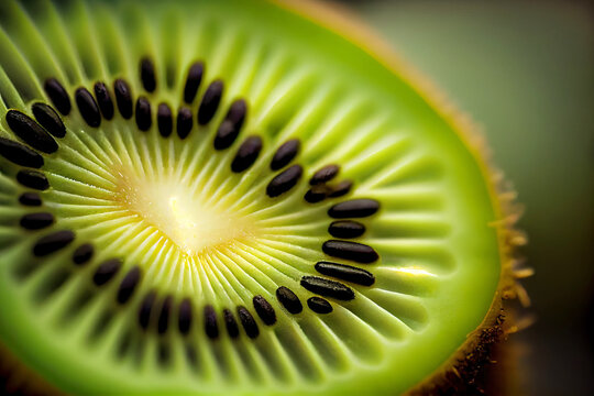 Fresh sliced kiwi fruit macro. Created with Generative AI. 