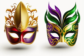 There is copy space against a white background with purple, green, and gold mardi gras masks. Generative AI