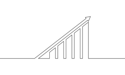 Continuous line drawing of increasing graph icon. Arrow up, business growth, bar chart outline. Object one line, single line art, vector illustration
