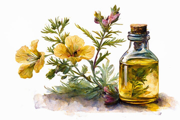 Evening primrose flower and oil watercolor style. Illustration.