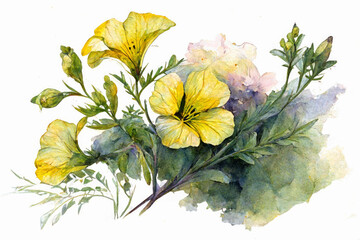 Evening primrose flower and oil watercolor style. Illustration.