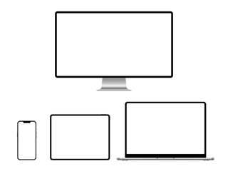 A set of isolated smart devices with blank screen: smartphone, tablet, laptop and desktop. Stock royalty free vector illustration. PNG in zip