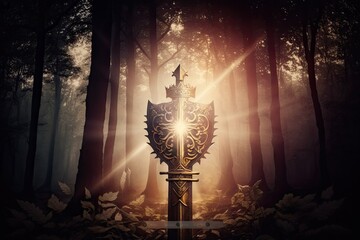 Gold king's crown and sword in a mysterious, magical light flare against an English forest or field. thought of the Middle Ages. Generative AI