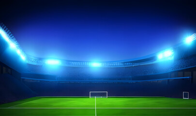 Football stadium penalty spot view with empty goal and cheering fans on background. Digital 3D illustration for sport advertising.  generative ai. - obrazy, fototapety, plakaty