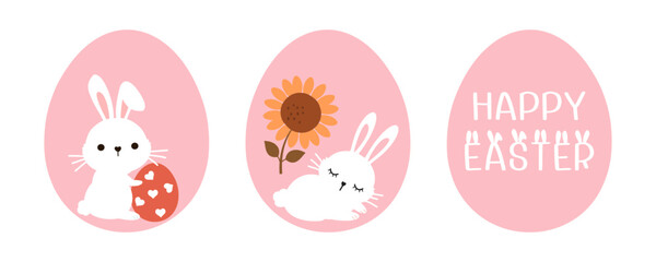 Bunny rabbit cartoons, Easter eggs, sunflower and hand drawn fonts on white background vector illustration.