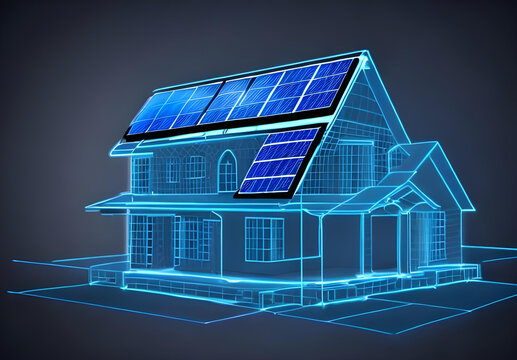 Smart house with solar panels, sketch in 3D with infographics in blue neon light. Project of home with security system, smart lightning, energy efficient. AI generated.