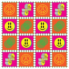 Acid lsd paper blotter mark trippy 60s style psychedelic geometry seamless pattern art.Vector crazy illustration. Smiley groovy magic mushrooms, space, techno, acid, trippy style seamless pattern