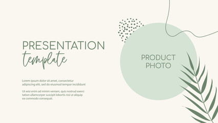 Presentation organic vector template. Natural floral green minimal background with organic shapes and palm leaf