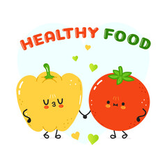 Yellow pepper and tomato card. Vector hand drawn doodle style cartoon character illustration icon design. Happy green pepper and tomato friends concept card