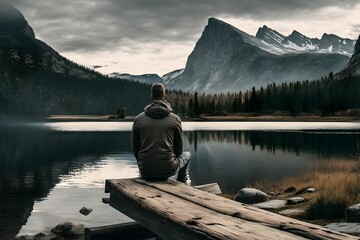 Man sitting in front of a lake, Generative AI