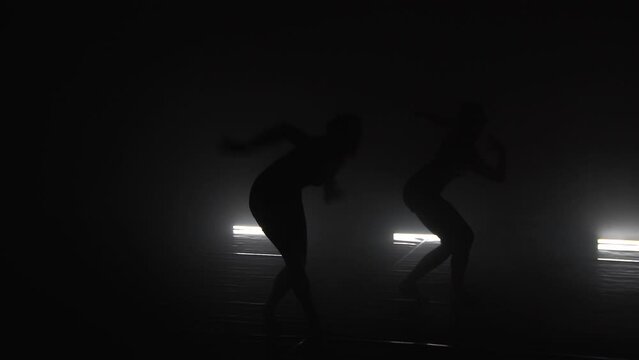 Modern ballet dancers performing together on dark stage. Silhouette of two female performers with smoke in the air.