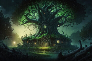 Fototapeta premium Tree house in the deep forest fantasy. Generative Ai