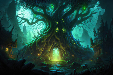 tree house in the forest fantasy.Generative Ai