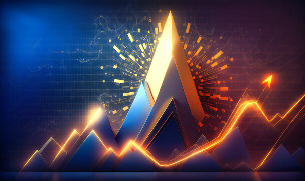 An Upward Trending Business Graph On A Blue And Gold Background Showcasing Financial Progress, Depicting A Successful Marketing Strategy And Investment Plan