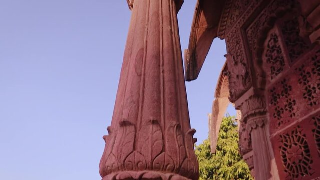red stone ancient hindu temple architecture from unique angle at day