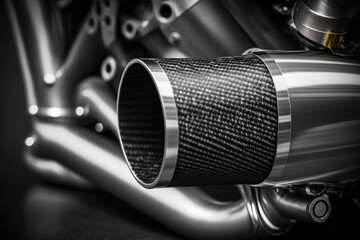 Exhaust pipe made of carbon fiber, up close and personal on a motorcycle. Generative AI