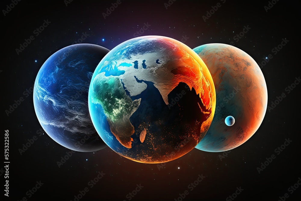 Poster earth, moon, and mars are depicted in an illustration. generative ai