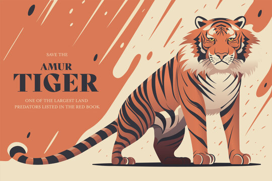 Vector illustration of the Amur tiger. Banner save wildlife. World wildlife day