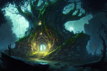 Obraz na płótnie Canvas tree house in the forest fantasy.Generative Ai