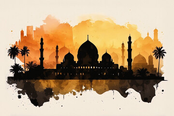 Painting of great mosque hassan 2 in sunset - obrazy, fototapety, plakaty