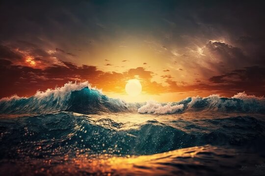 The ocean and sky were both gold. Water crashes and splashes. Golden sky at sunset over the ocean is a picturesque scene. The sea is calm and the sky is red at sunset. Horizontal ocean and sky image