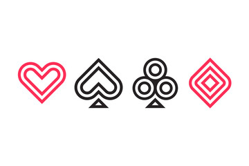 Heart, spade, club and diamond. Playing card suit icons in modern geometric minimal style. Vector cards symbols set.