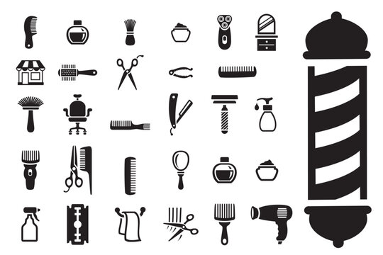 Barbershop equipment, tools, cosmetics vector icons