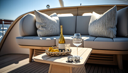 Romantic luxury evening on cruise yacht with champagne setting. Empty glasses and bottle with champagne and tropical sunset with sea background.