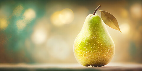 Summer banner with a ripe pear and soft bokeh background. Created with Generative AI.