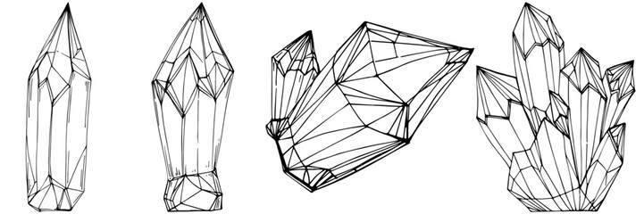 Cristal vector illustration. Abstract modern geometric objects with diamond shapes, crystals. Black and white hand draw.