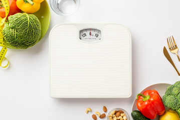 Slimming concept. Top view photo of scales tape measure plates with vegetables nuts cutlery and...