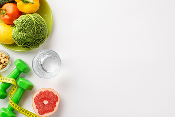 Slimming concept. Top view photo of tape measure dumbbells plate with vegetables fruits nuts and...