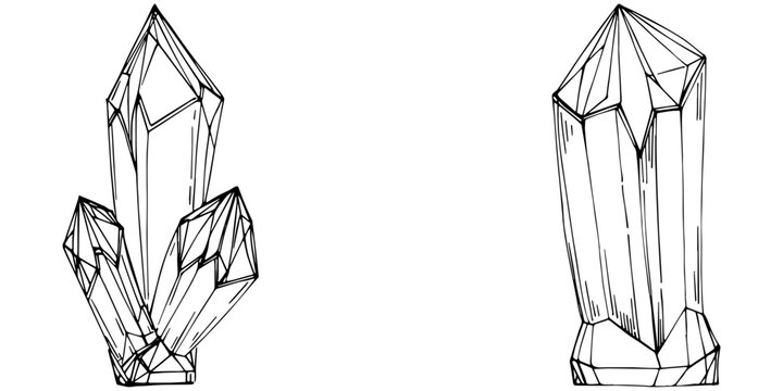 Cristal vector illustration. Abstract modern geometric objects with diamond shapes, crystals. Black and white hand draw.