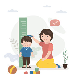 Cute mother measures height of her son on height meter. European family, mom and little boy. Childhood, health care. Funny cartoon characters. Measurement process.