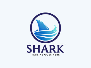 Warning Shark memorial logo template with Blue Fin illustration on Ocean Waves.