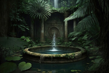 ancient water fountain architecture hidden in the forest. Generative Ai