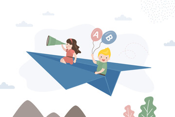Funny kids flying on paper plane. Caucasian schoolgirl and schoolboy riding origami airplane on sky. Exploration, creativity, back to school, education concept. Communication, talking.