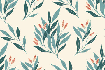 Fototapeta na wymiar Seamless floral pattern, decorative art botanical print with folk motif. Beautiful design with hand drawn plants: branches with small flowers, blue leaves on a white background. Vector illustration.