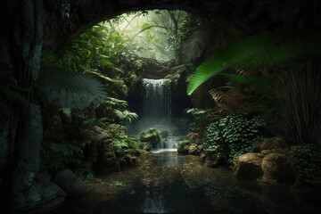 ancient water fountain architecture hidden in the forest. Generative Ai