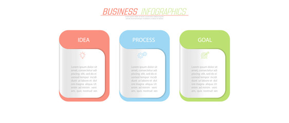 Business infographics. 3 stages of achieving the goal. Stages of the workflow, development, marketing, plan or training. Business strategy with icon icons. Report or statistics schema
