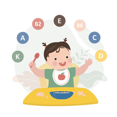 Happy healthy infant girl eating proper nutrition. Food containing many useful vitamins, nutrition for growing organism. Nutrition for little kids.