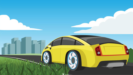Vector cartoon landscape of asphalt road on wide open field. Yellow passenger car Electric Vehicle drives forward to the city. Background under blue sky with free space. and separate layers.