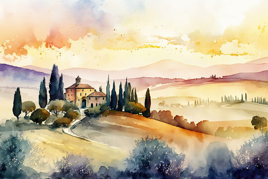 watercolor drawing of landscape with a village in the region of tuscany