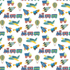 Seamless pattern with various children toys. Texture, ornament with preschooler toys - airplane, rockets, trucks and others transport. Decoration, cartoon wallpaper.