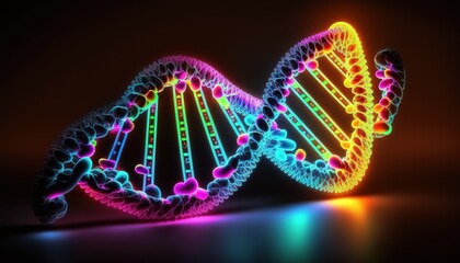 stylized illustration of DNA in a neon glow on a black background, generative AI