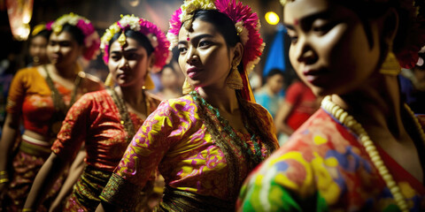 Colorful Indonesian Kebaya Clothing Parade with Women Dancing in Jakarta (created with Generative AI) - obrazy, fototapety, plakaty
