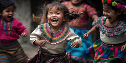 Joyful Mayan Children in Traditional Clothing Playing in Guatemala Village Square (created with Generative AI)