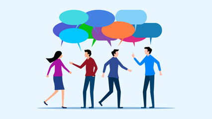 Conversation or brainstorming for ideas. Work meeting. Debating or team communication. Colleagues in business team discussing work in meeting with speech bubbles vector